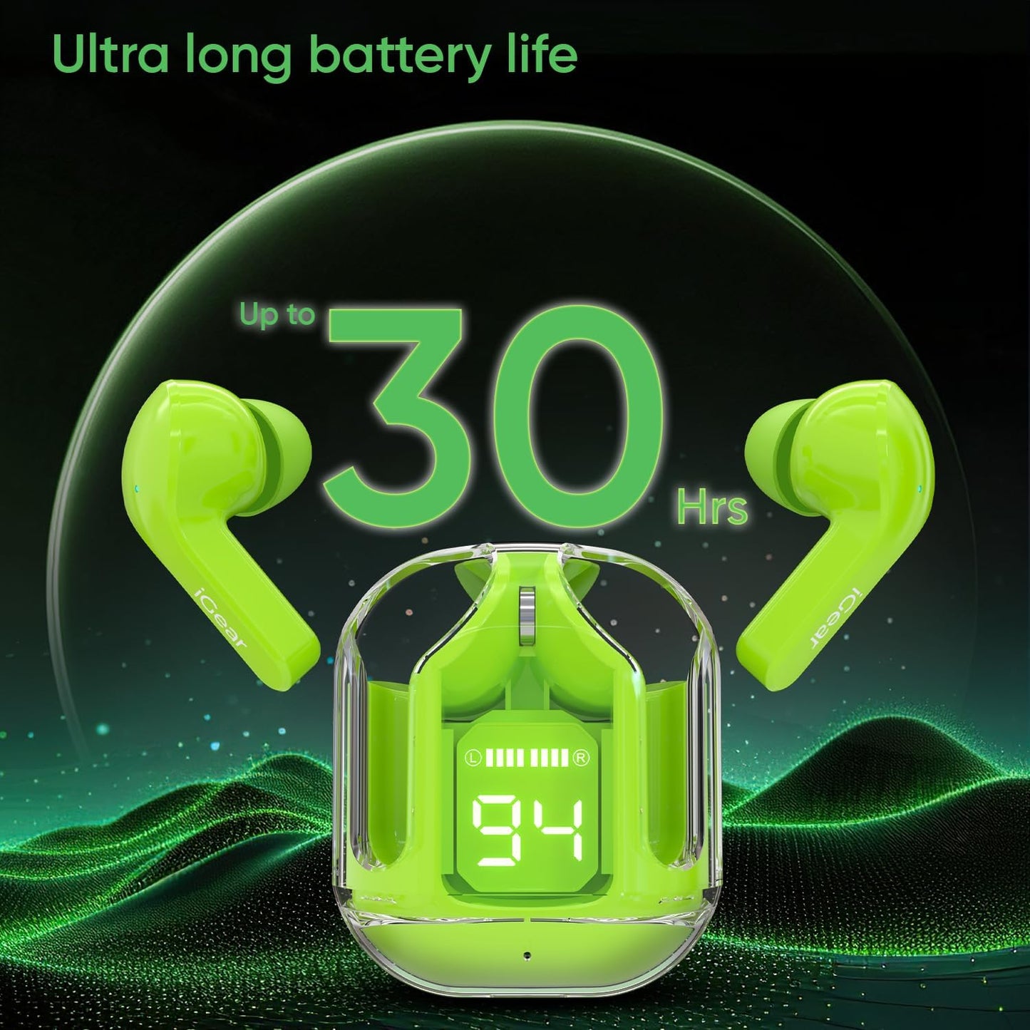 Crystal Portable LED Display Professional Clear Sound Wireless Earbuds