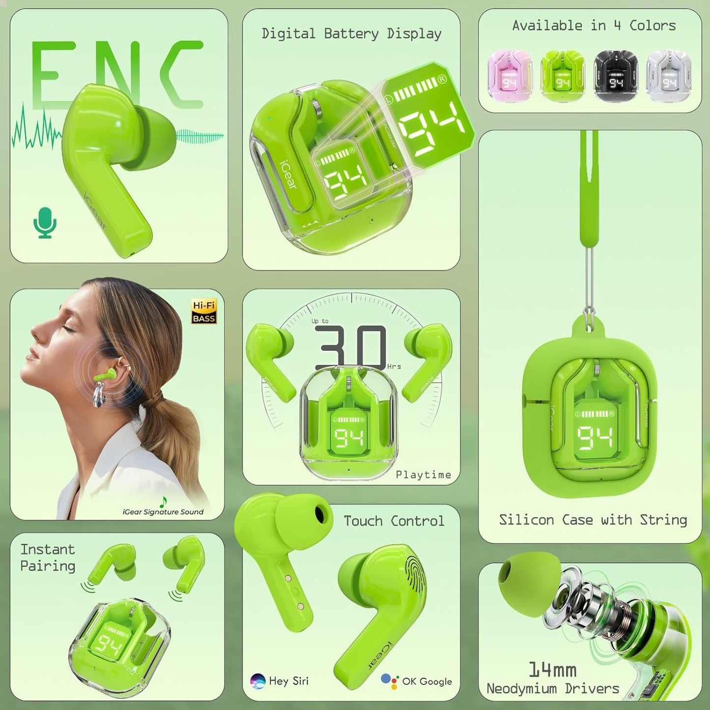 Crystal Portable LED Display Professional Clear Sound Wireless Earbuds